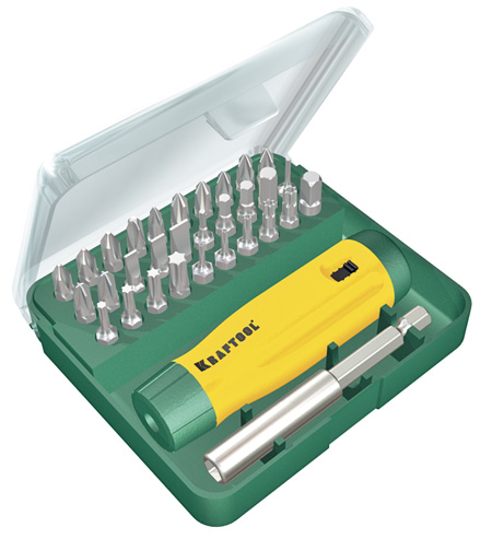  Набор KRAFTOOL Отвертка реверсивная с битами и адаптером, Cr-V, 32 предмета 