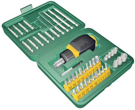  Набор KRAFTOOL Отвертка реверсивная с битами и торцевыми головками и сверлами, 43 предм 