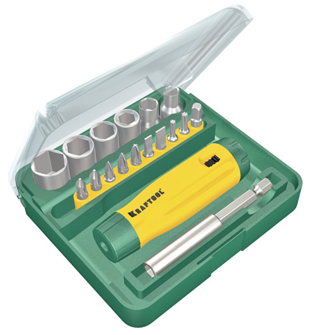  Набор KRAFTOOL "EXPERT": Отвертка реверсивная, биты, адаптер и торц. головки, Cr-V, 18 предметов 