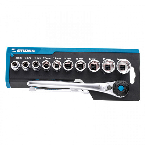  Набор торцевых головок, трещотка 120 зубьев, 12 предметов,3/8", CrV// Gross 