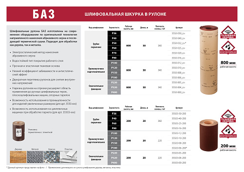  Бобина шлифовальная на тканевой основе KK19XW M40 (Р400) 200 мм 20 м БАЗ 35503-00-200 