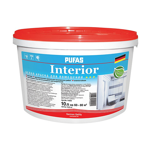  Краска в/д интерьерная Pufas Interior oснова А белая, мороз. (10 л) 