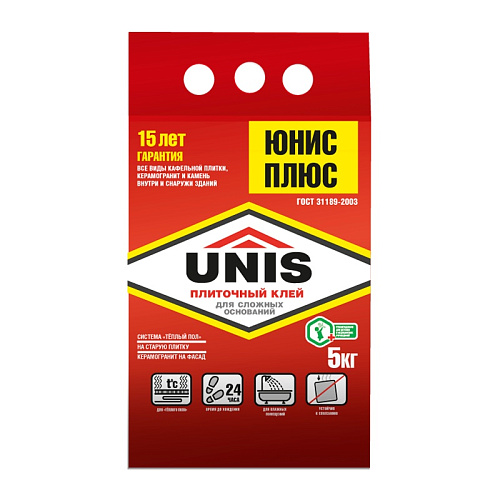  Клей для плитки Unis Плюс, 5 кг 