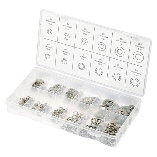  Набор шайб и гроверов, D ш.: 3, 4, 5, 6, 8, 10 мм, D г.: 3, 4, 5, 6, 8, 10 мм, 350 предм.// СИБРТЕХ 