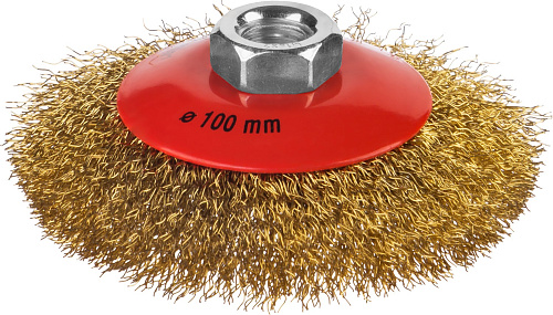  Щетка коническая для УШМ, витая стальная латунированная проволока 0,3 мм, d=100 мм, MIRAX 35143-100 