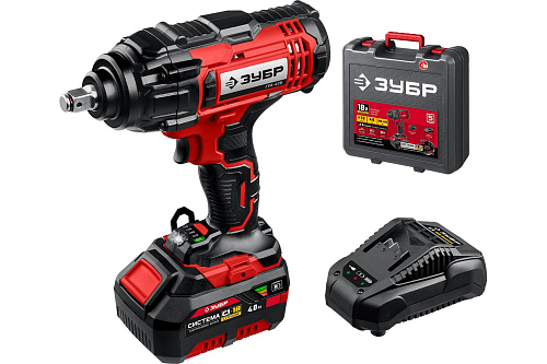  Гайковерт ударный, в кейсе, ЗУБР 18В, 1 АКБ (4Ач), ГУЛ-410-41 