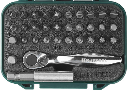  Набор бит с мини трещоткой 1/4", KRAFTOOL "EXPERT" 33 предмета 