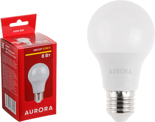  Лампа светодиодная A60 СТАНДАРТ 8Вт 230В E27 2700K AURORA 