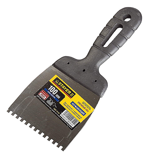  Шпатель нержавеющий зубчатый с пластмассовой ручкой, 100мм, зуб 4х4мм STAYER "PROFESSIONAL" (12 шт) 