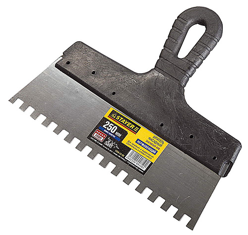  Шпатель STAYER "PROFESSIONAL" нержавеющий зубчатый с пластмассовой ручкой, 350мм, зуб 10х10мм 