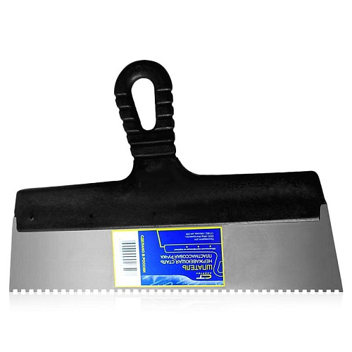  Шпатель из нерж. стали, 150 мм, зуб 6х6 мм, пластмассовая ручка 