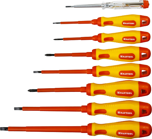  Набор KRAFTOOL "PROFI" X-Drive: Высоковольтные отвертки, SL: 2,5/4/5,5/6,5; PH№0: 1, 2; пробник, 8шт 