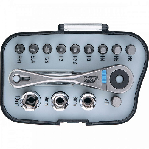  Реверсивная трещотка с набором бит и торцевыми головками, 14 шт//БАРС 