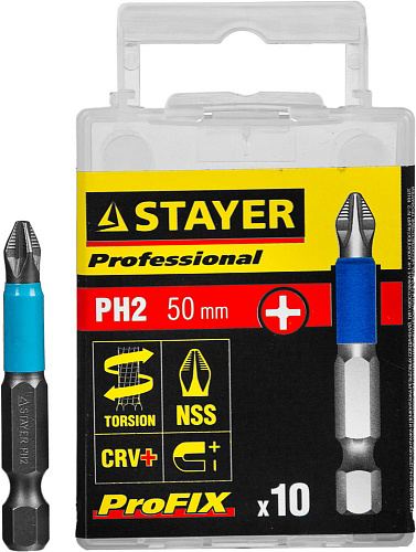  Биты Ph2 х 50мм, 10шт, тип хвостовика E 1/4", Магнит ,STAYER "PROFESSIONAL" ProFix 