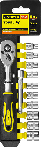  Набор STAYER "STANDARD": Торцовые головки (1/4") на пластиковом рельсе, трещотка, удлинитель, 4-13мм 