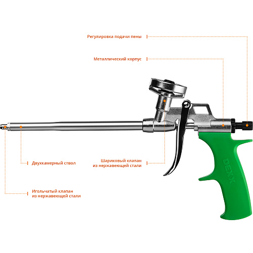  Пистолет для монтажной пены "PRO METAL", металлический корпус, регулировка подачи пены, DEXX 