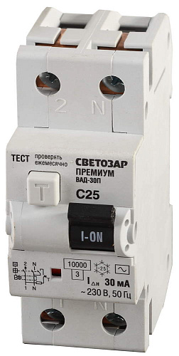  Выключатель дифф. автомат. СВЕТОЗАР "ПРЕМИУМ", 2-полюсный,25 A,"C","AC",откл.диф.ток. 30мА,230/400В 